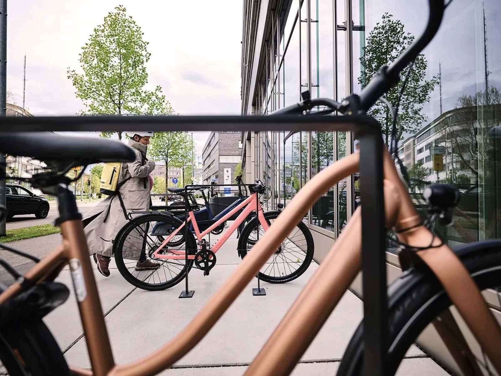 Orderly bicycle parking area near an office building